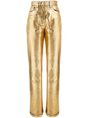Ferragamo logo-patch metallic-finish high-waist trousers - Gold