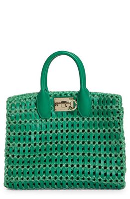 FERRAGAMO The Studio Basket Woven Top Handle Bag in Smeraldo /Rafia Smeraldo