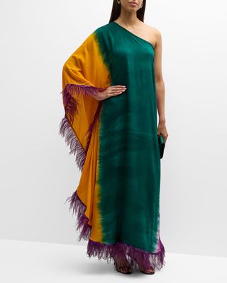 Feyida Dyed One-Shoulder Feather-Trim Kaftan Dress