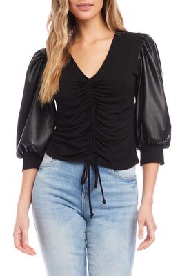 FIFTEEN TWENTY Contrast Faux Leather Sleeve Jersey Top in Black