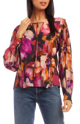 FIFTEEN TWENTY Print Pleated Tie Neck Blouse in Pink Floral Print