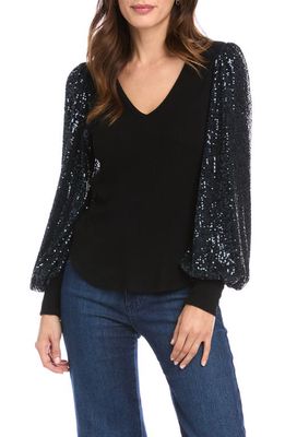 FIFTEEN TWENTY Sequin Bishop Sleeve Ribbed Top in Navy