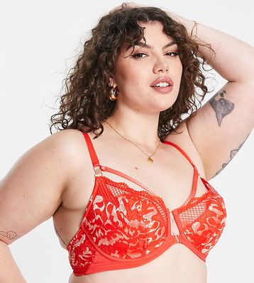 Figleaves Curve Amore lace and fishnet front fastening padded plunge bra in tomato-Red