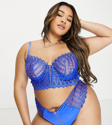 Figleaves Curve Sapphire embroidered zip front longline bra in blue
