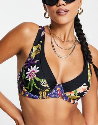 Figleaves Fuller Bust paradise island underwire bikini top in black tropical