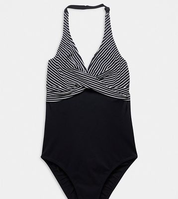 Figleaves Tall halter swimsuit with twist detail in black stripe