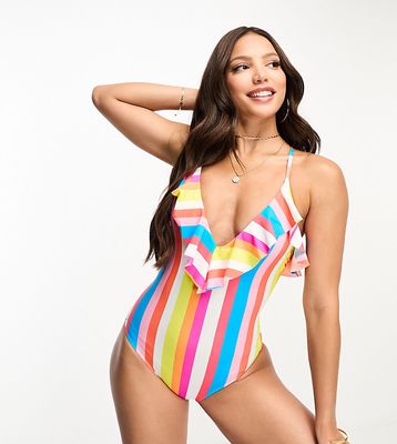 Figleaves Tall plunge swimsuit with frill detail in pink and blue candy stripe