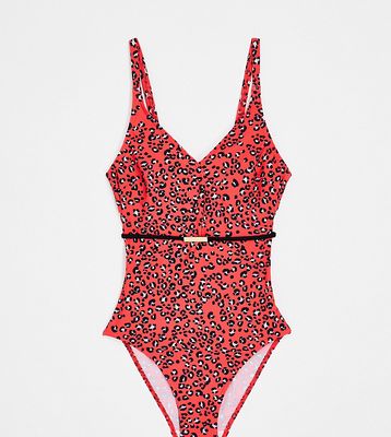 Figleaves Tall swimsuit with belt detail in red leopard