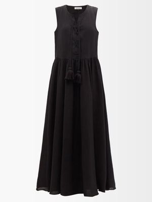 Fil De Vie - Althea Lace-up Linen Maxi Dress - Womens - Black