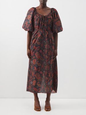 Fil De Vie - Aurora Paisley-print Batiste Midi Dress - Womens - Red Print