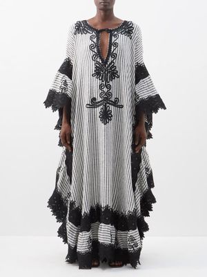 Fil De Vie - Murielle Embroidered Linen-voile Kaftan - Womens - Black Cream