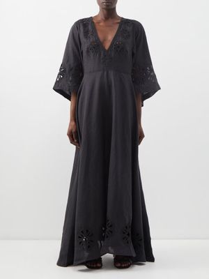 Fil De Vie - Samira Floral-cutout Ramie Maxi Dress - Womens - Black