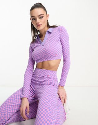 Fila warped check collared long sleeve top in pink and purple
