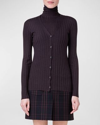 Fine Gauge Rib Wool-Silk Cardigan