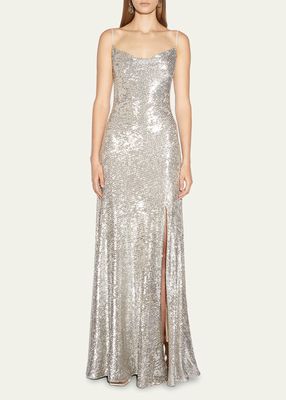 Finley Cowl-Neck Hammered Sequin Gown
