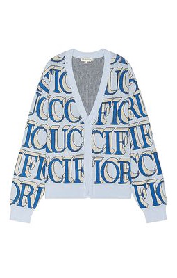 FIORUCCI Monogram Intarsia Knit Cardigan in Baby Blue