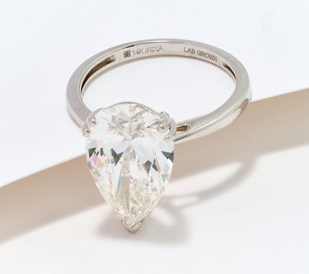 Fire Light Lab Grown Diamond 5.00ct Pear Ring, 14K Gold