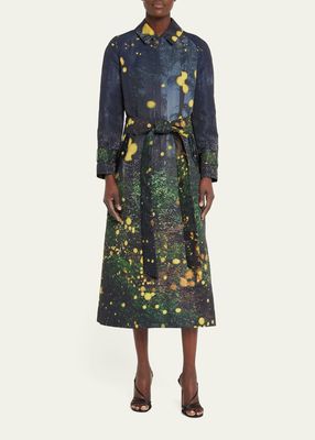 Firefly-Print Faille Belted Trench Coat