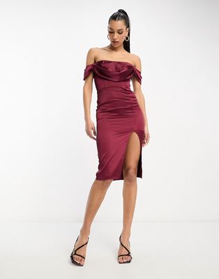 First Distraction The Label corset satin midi dress with split in wine-Red