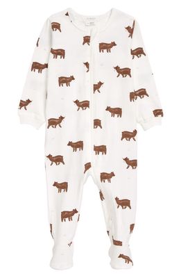 FIRSTS by Petit Lem Bear Cub Print Organic Cotton Footie in 101 Off White