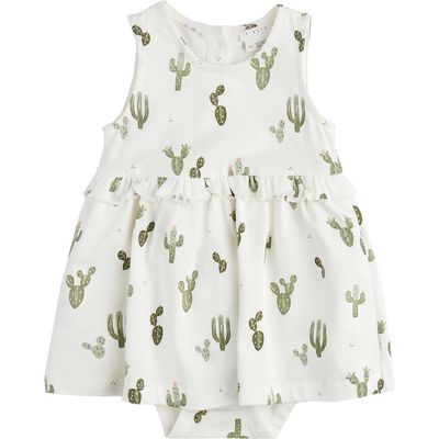 FIRSTS by Petit Lem Cactus Print Stretch Organic Cotton Skirted Bodysuit in Off White 