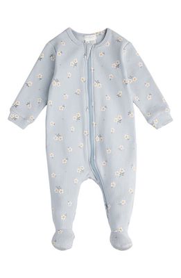 FIRSTS by Petit Lem Daisy Print Rib Organic Cotton One-Piece Footie Pajamas in Blue Light