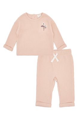 FIRSTS by Petit Lem Floral Embroidered Thermal Knit Top & Pants Set in Pink