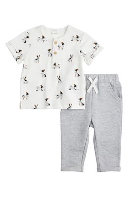 FIRSTS by Petit Lem French Bulldog Print Organic Cotton Henley & Pants Set in Off White 