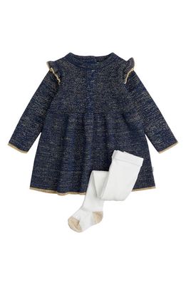 FIRSTS by Petit Lem Gold Tweed Long Sleeve Sweater Dress & Tights Set in Nav Navy