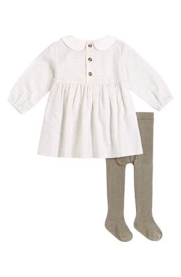 FIRSTS by Petit Lem Grid Print Organic Cotton Dress & Tights Set in 102 Beige