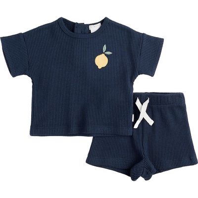 FIRSTS by Petit Lem Kids' Lemon Appliqué Thermal Knit T-Shirt & Shorts Set in Navy 