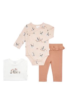 FIRSTS by Petit Lem Kitten Print 3-Piece Stretch Organic Cotton Bodysuits & Solid Leggings Set in White