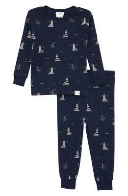 FIRSTS by Petit Lem Lighthouse Fitted Two-Piece Stretch Cotton Pajamas in Navy