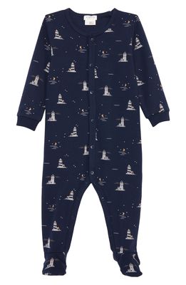 FIRSTS by Petit Lem Lighthouse Print Fitted One-Piece Stretch Organic Cotton Pajamas in 604 Navy