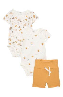 FIRSTS by Petit Lem Ocean Suns Stretch Organic Cotton 3-Piece Bodysuits & Shorts Set in Off White