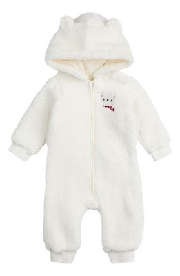 FIRSTS by Petit Lem Polar Bear Appliqué High Pile Fleece Hooded Romper in Owh Off White