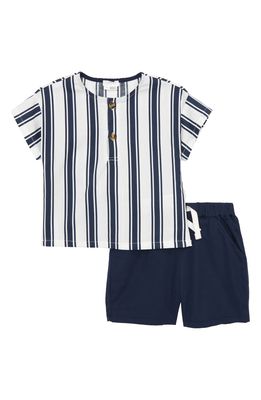 FIRSTS by Petit Lem Stripe Stretch Organic Cotton Henley Top & Shorts Set in 604 Navy