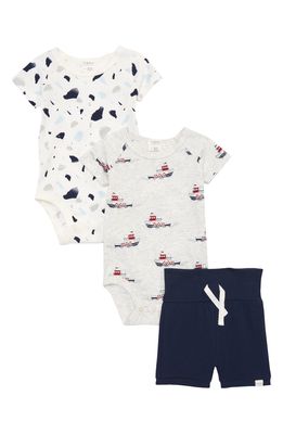 FIRSTS by Petit Lem Tugboat Stretch Organic Cotton 3-Piece Bodysuits & Shorts Set in 904 Light Heather Grey