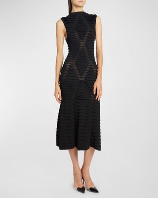 Fish Scale Knit High-Neck Sleeveless Midi Dress