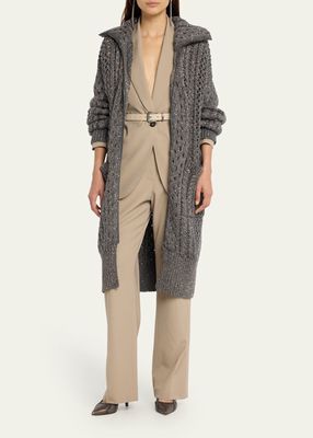 Fisherman Net Cashmere Long Cardigan with Micro Paillette Detail