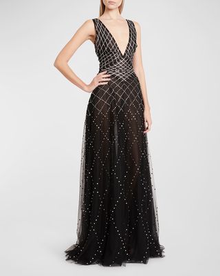 Fishnet Strass-Embellished Plunging Tulle Gown