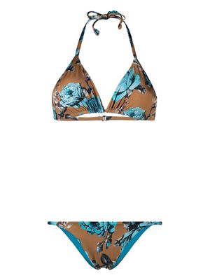 Fisico floral-print triangle bikini set - Brown