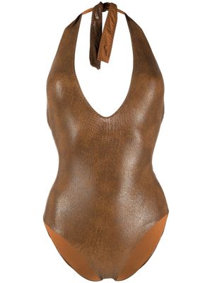 Fisico leather-effect halterneck swimsuit - Brown