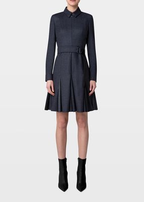 Fit-and-Flare D-Ring Belted Wool Dress