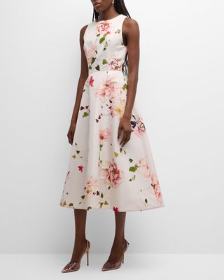 Fit-and-Flare Floral Print Midi Dress