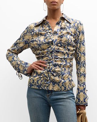 Fitted Button-Front Crinkled Satin Shirt