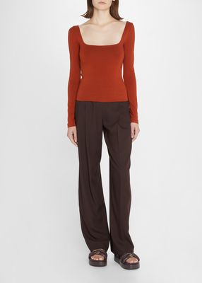 Fitted Long-Sleeve Square-Neck Top
