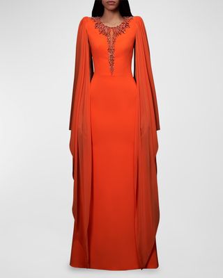 Flame Lily Beaded Cape-Sleeve Gown