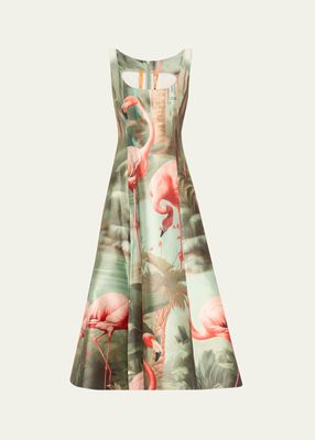 Flamingo Print Midi Dress