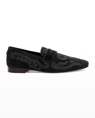 Flaneur Embroidered Suede Penny Loafers